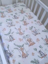 Jungle Animals, Safari Cot-Bed-Fitted-Sheet-100% Cotton, Friends, 60 X 120 cm , 70 140 cm, Sage Green, Space Saver - thumbnail 1