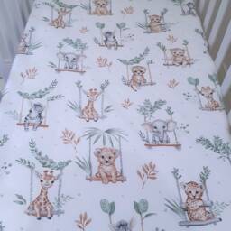 Jungle Animals, Safari Cot-Bed-Fitted-Sheet-100% Cotton, Friends, 60 X 120 cm , 70 140 cm, Sage Green, Space Saver - thumbnail 2