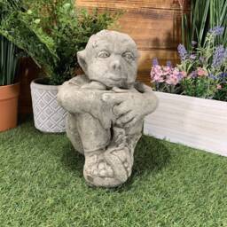 Stone Garden Sitting Pixie/ Elf/ Troll/ Goblin With Ponytail Statue Ornament - thumbnail 2
