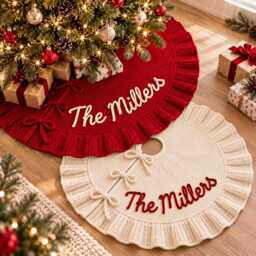 Personalized Christmas Tree Skirt, Custom Family Name Red Holiday Decor, Housewarming Gift, Home Decor - thumbnail 1