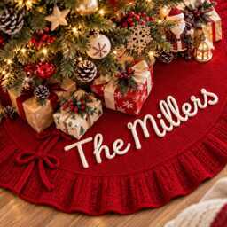 Personalized Christmas Tree Skirt, Custom Family Name Red Holiday Decor, Housewarming Gift, Home Decor - thumbnail 2