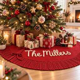 Personalized Christmas Tree Skirt, Custom Family Name Red Holiday Decor, Housewarming Gift, Home Decor - thumbnail 3