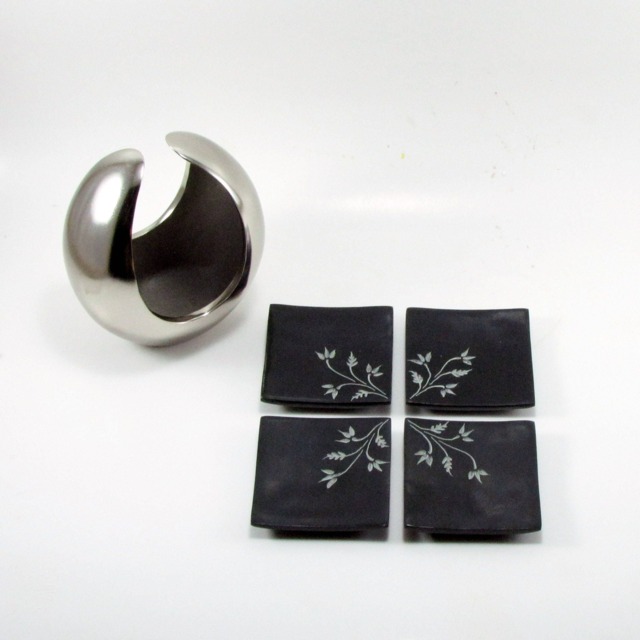 Set Of 4 Soapstone Decorative Plates - 3 Inch Square With Floral Etching Perfect For Small Items - image 1