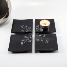 Set Of 4 Soapstone Decorative Plates - 3 Inch Square With Floral Etching Perfect For Small Items - thumbnail 2