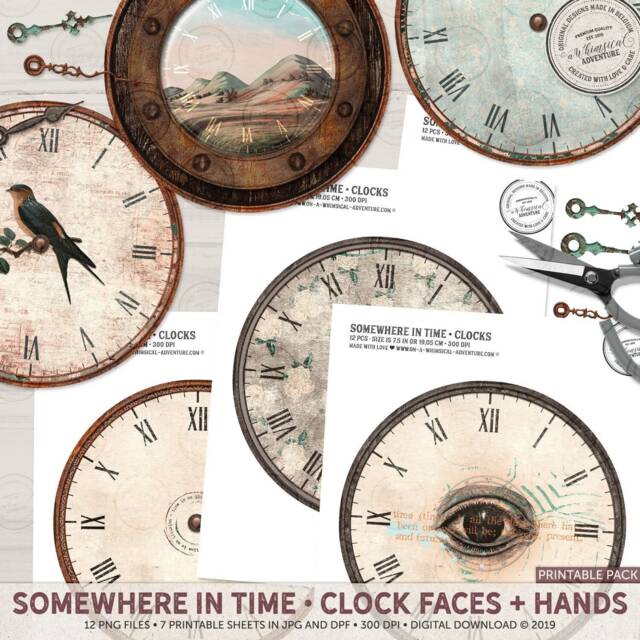 Clock Faces Kit, Steampunk Faces, Printable Diy Clocks, Dark Academia, Junk Journal Sheets, Vintage Ephemera, Digital Collage Scrapbook - image 1