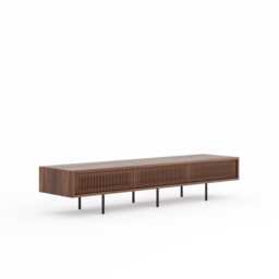 Walnut Lowboard Tv Stand, Mid Century Modern Media Console, Vinyl Storage - thumbnail 3