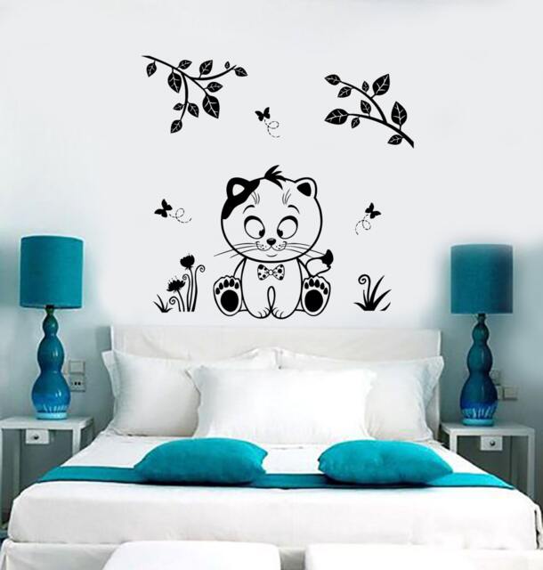 Wall Vinyl Decal Nursery Cat Kitty Kids Children Butterfly Floral Decor 1378Dz - image 1