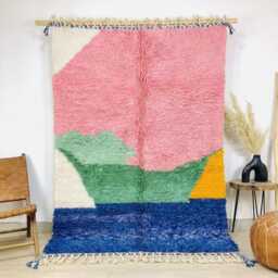 Pink Moroccan Berber Rug, Handwoven Wool Shag Blue & Green Abstract Color Block, Authentic Beni Ourain Carpet, Large Area Rug - thumbnail 1