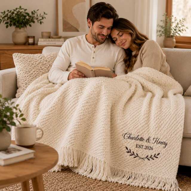 Personalized Chunky Knit Throw Blanket, Embroidered Couple Names Wedding Anniversary Gift, Cozy Fringe Sofa Blanket - image 1