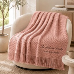 Personalized Chunky Knit Throw Blanket, Embroidered Couple Names Wedding Anniversary Gift, Cozy Fringe Sofa Blanket - thumbnail 2