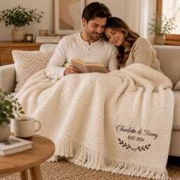 Personalized Chunky Knit Throw Blanket, Embroidered Couple Names Wedding Anniversary Gift, Cozy Fringe Sofa Blanket - thumbnail 1
