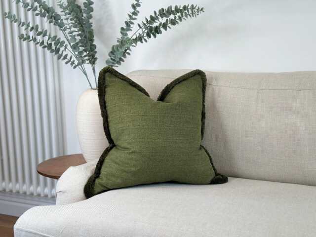 Green Cushion Cover With Fringe Or Piping Trim - Earthy Home Decor Accent Throw Pillows Multiple Sizes Colours - image 1