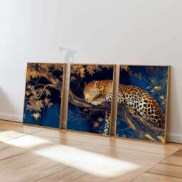 Golden Leopard Wall Art Set Of 3 - Luxury Jungle Print in Deep Blue & Gold Exotic Animal Artwork Modern Safari Decor - thumbnail 1