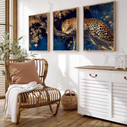 Golden Leopard Wall Art Set Of 3 - Luxury Jungle Print in Deep Blue & Gold Exotic Animal Artwork Modern Safari Decor - thumbnail 2