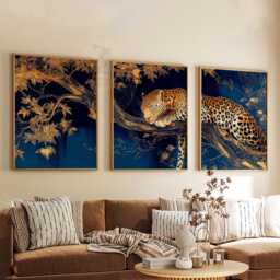 Golden Leopard Wall Art Set Of 3 - Luxury Jungle Print in Deep Blue & Gold Exotic Animal Artwork Modern Safari Decor - thumbnail 3