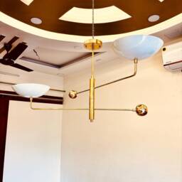 Elegant Brass Ceiling Light - 2-Light Curved Shade Chandelier - Modern Sputnik Linear Fixture Double Glass Pendant - thumbnail 3