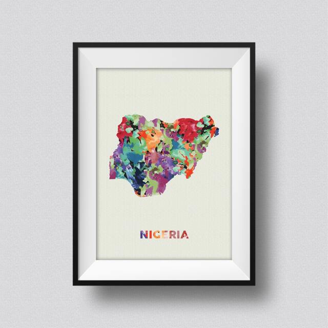 Nigeria Watercolor Map Art Print Ink Splash Poster Canvas, Print