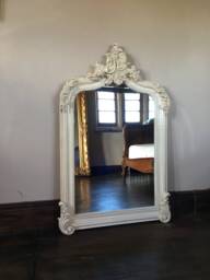 Arch Hand Made French Ivory Antique White Ornate Scroll High Quality Over Mantle Dressing Free Standing Leaner Wall Mirror 4 Ft