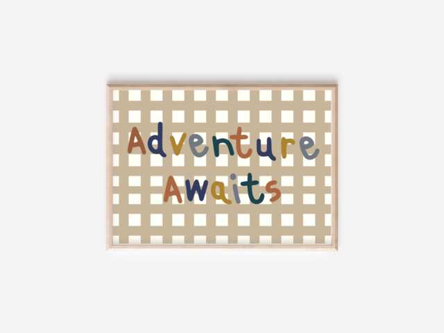 Earthy Gingham Adventure Awaits Print. Perfect For Kids Rooms, Boys Girls A Nursery Or Playroom - Unframed