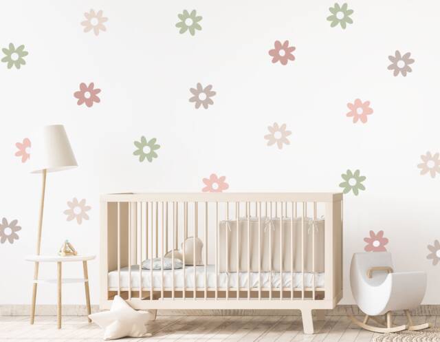 Daisy Wall Sticker Decals - Pink Green Beige Daisies Nursery Playroom Decor - image 1
