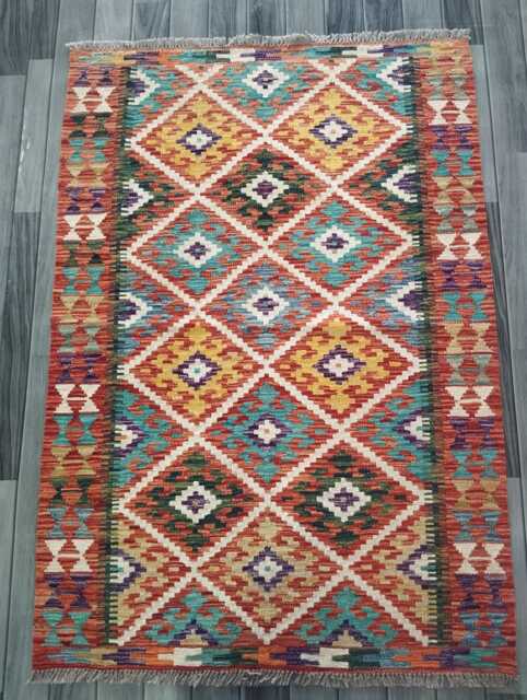Handmade Afghan Kilim Rug, Geometric Tribal Design, Multicolour Artisan Persian Turkish Flatweave, Natural Wool, 146x100 cm - image 1