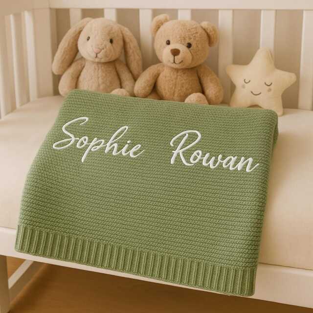 Personalized Knit Baby Blanket, Soft Cotton , Custom Embroidered Name Newborn Keepsake Shower Gift - image 1