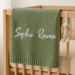 Personalized Knit Baby Blanket, Soft Cotton , Custom Embroidered Name Newborn Keepsake Shower Gift - thumbnail 3