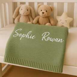 Personalized Knit Baby Blanket, Soft Cotton , Custom Embroidered Name Newborn Keepsake Shower Gift - thumbnail 1
