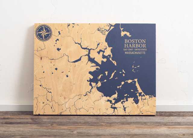 Boston Harbor, Massachusetts Map - Engraved Wood Coastal Chart Wall Art Sign, Beach Home Decor Nautical Print, Unique Personalized Gift - image 1