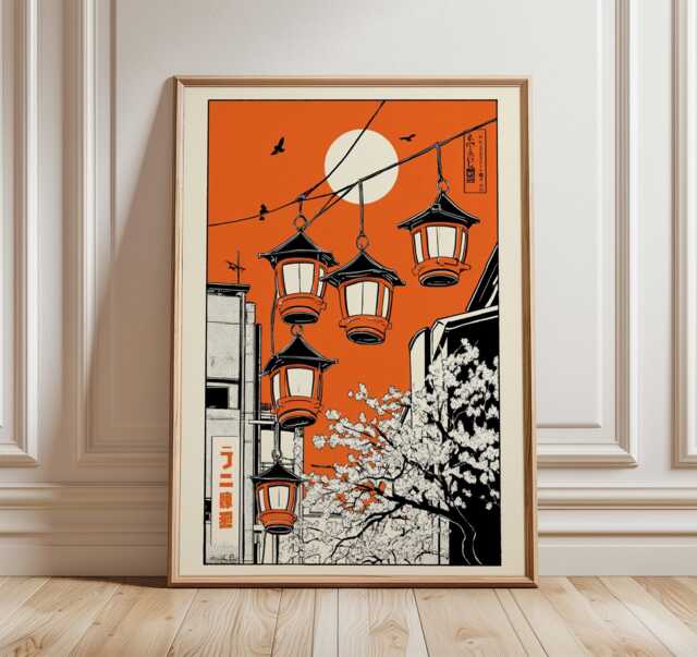 Japanese Lantern Street Poster, Vintage Travel Art, Kyoto Print, Traditional Asian Wall Decor, Cherry Blossom Illustration - image 1