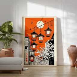 Japanese Lantern Street Poster, Vintage Travel Art, Kyoto Print, Traditional Asian Wall Decor, Cherry Blossom Illustration - thumbnail 3