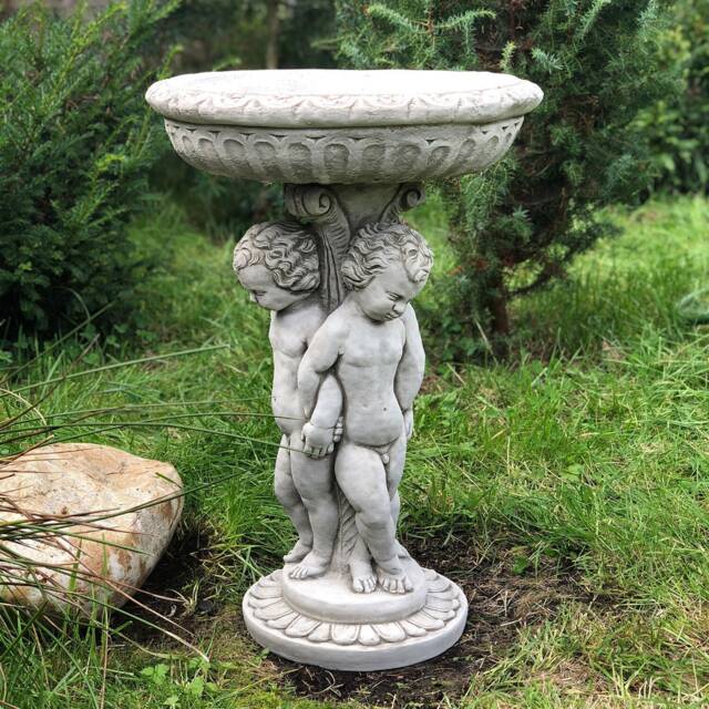 Hand Cast Stone Triple Cherub Bird Bath - Antique Grey Garden Decor - image 1