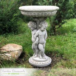 Hand Cast Stone Triple Cherub Bird Bath - Antique Grey Garden Decor - thumbnail 2