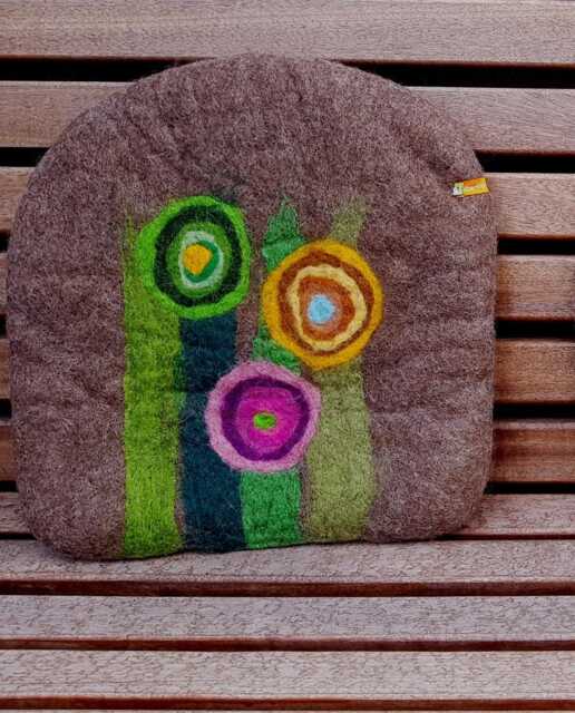 Handfelted Seat Cushion With Grass & Flowers, Fall, Brown - image 1