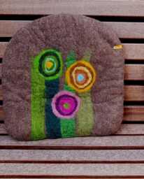 Handfelted Seat Cushion With Grass & Flowers, Fall, Brown