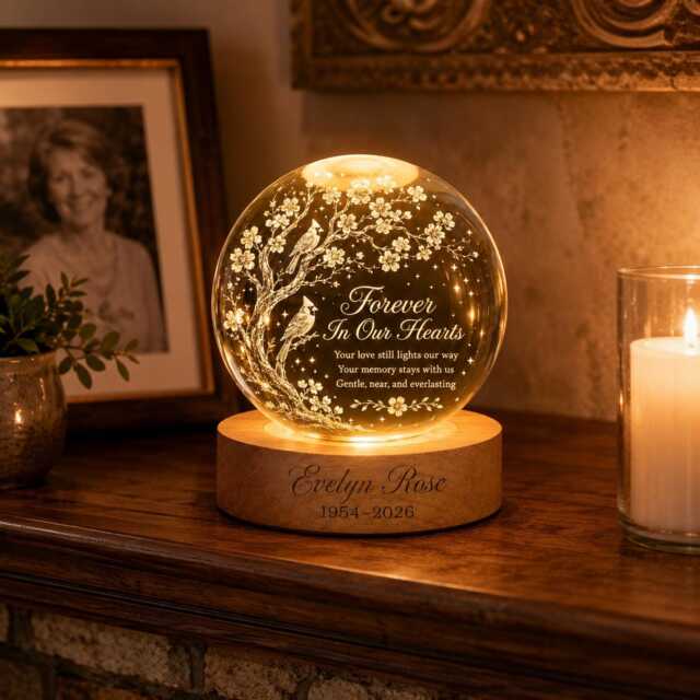 Personalized Cardinal Memorial Crystal Ball Night Light, Custom Remembrance Sympathy Gift For Loss Of Mother Father, Forever in Our Hearts - image 1