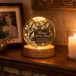 Personalized Cardinal Memorial Crystal Ball Night Light, Custom Remembrance Sympathy Gift For Loss Of Mother Father, Forever in Our Hearts - thumbnail 1