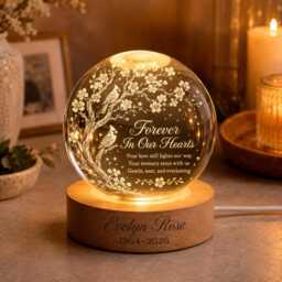Personalized Cardinal Memorial Crystal Ball Night Light, Custom Remembrance Sympathy Gift For Loss Of Mother Father, Forever in Our Hearts - thumbnail 2