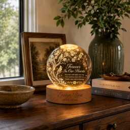 Personalized Cardinal Memorial Crystal Ball Night Light, Custom Remembrance Sympathy Gift For Loss Of Mother Father, Forever in Our Hearts - thumbnail 4