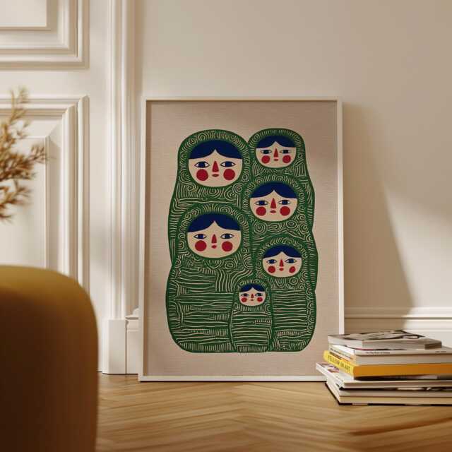 Matryoshka Art Print, Folk Doll Illustration, Nordic Style Wall Decor, Floral Linocut Poster - image 1