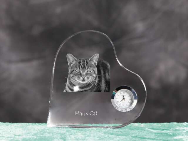 Manx Cat - Crystal Clock in The Shape Of A Heart With Image Pure-Bred Cat - image 1