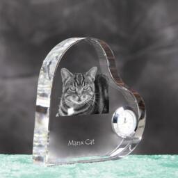 Manx Cat - Crystal Clock in The Shape Of A Heart With Image Pure-Bred Cat - thumbnail 3