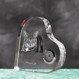 Manx Cat - Crystal Clock in The Shape Of A Heart With Image Pure-Bred Cat - thumbnail 2