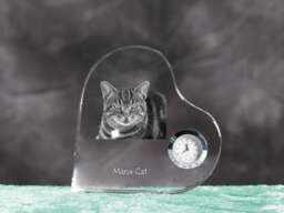 Manx Cat - Crystal Clock in The Shape Of A Heart With Image Pure-Bred Cat - thumbnail 1