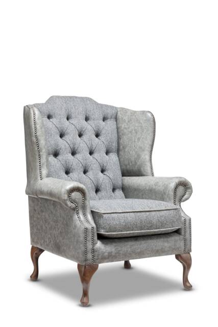 Chesterfield High Back Wing Chair in Vintage Grey Leather & Harris Tweed Wool - image 1
