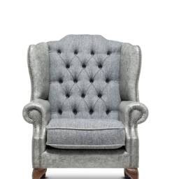 Chesterfield High Back Wing Chair in Vintage Grey Leather & Harris Tweed Wool - thumbnail 2