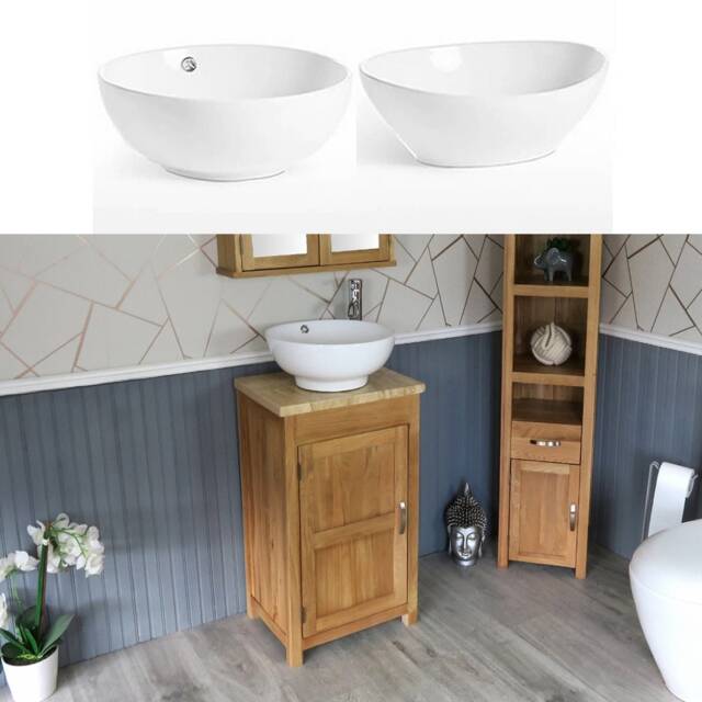 Oak Bathroom Vanity Cabinet - Solid Sink Unit Modern Wash Stand Travertine Worktop Ceramic Basin, Tap & Plug - image 1