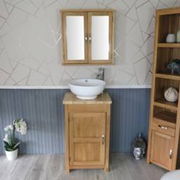 Oak Bathroom Vanity Cabinet - Solid Sink Unit Modern Wash Stand Travertine Worktop Ceramic Basin, Tap & Plug - thumbnail 2
