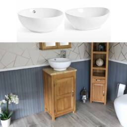 Oak Bathroom Vanity Cabinet - Solid Sink Unit Modern Wash Stand Travertine Worktop Ceramic Basin, Tap & Plug - thumbnail 1