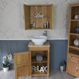 Oak Bathroom Vanity Cabinet - Solid Sink Unit Modern Wash Stand Travertine Worktop Ceramic Basin, Tap & Plug - thumbnail 3